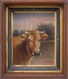 Delbert Dana Coombs, Portrait of a Cow, Oil on canvas scene shows a brown cow against setting sun sky with water and tree lined bank