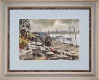 Don Stone, Monhegan Lobsterman, Watercolor scene shows a lobsterman tending to his chores on a stone dock area with moored sailboats and skiffs