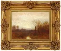 Bruce Crane, Autumn Twilight, Oil on canvas sunset scene impressionistic view of a marsh area surrounded by trees
