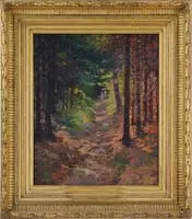 Philip Little, Out for a Sunlit Stroll, Outstanding large oil on canvas scene shows two women walking towards viewer on a dirt path through tall sunlit woods