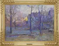 George Frederick Muendel, Impressionistic Connecticut Town, Large oil on canvas impressionistic scene shows a row of blue houses with trees