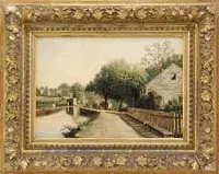 Dewitt Clinton Boutelle, Loch on the Erie Canal, Oil on board scene shows a canal with loch having a stone house with fence in foreground and other houses in background