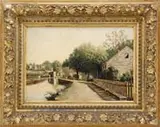 Dewitt Clinton Boutelle, Loch on the Erie Canal, Oil on board scene shows a canal with loch having a stone house with fence in foreground and other houses in background