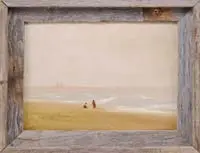 Charles F. Lanman, Long Island Beach, Oil on board beach scene shows two figures on sandy beach with crashing wave and sailboat beyond. All under a light sky
