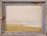 Charles F. Lanman, Long Island Beach, Oil on board beach scene shows two figures on sandy beach with crashing wave and sailboat beyond. All under a light sky