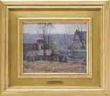 Morris Hall Pancoast, Late Fall-Pennsylvania, Oil on artist board scene shows several connected buildings in a late fall scene under white and blue sky