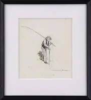 Winslow Homer, The Old Fisherman, Ink on paper sketch of an older man with cane and long fishing pole. He is standing among some grass on a slight incline