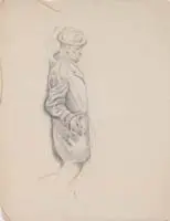 Daniel Ralph Celantano, Six Pencil Drawings, 1) Large drawing shows fifteen people crowding into a subway. The drawing is against a 16 x 16 pencil grid
