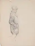 Daniel Ralph Celantano, Six Pencil Drawings, 1) Large drawing shows fifteen people crowding into a subway. The drawing is against a 16 x 16 pencil grid