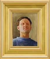Daniel Ralph Celantano, Self Portrait, Oil on canvas shoulder length portrait of a man wearing blue shirt and having brown hair against a greenish background