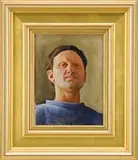 Daniel Ralph Celantano, Self Portrait, Oil on canvas shoulder length portrait of a man wearing blue shirt and having brown hair against a greenish background