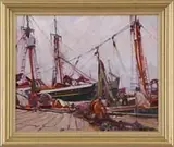 Emile A. Gruppe, Gloucester Docks, Oil on canvas dock scene shows two men drying nets next to green-hulled fishing trawlers