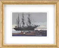 Thomas M. Nicholas, Ship at Rest, Gouache scene shows a three-mast large ship moored near large dock area with figures under a gray blue sky