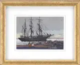 Thomas M. Nicholas, Ship at Rest, Gouache scene shows a three-mast large ship moored near large dock area with figures under a gray blue sky