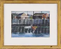 West Falmouth, Mass Docks by John Whorf, Watercolor scene shows three colorful rowboats tied to dock with houses beyond, sold Aug 2008