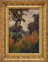 Landscape by Michel Kikoine, Oil painting shows a landscape with trees and tall grasses under a grayish and white sky, sold Aug 2008