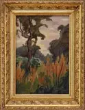 Michel Kikoine, Landscape, Oil painting shows a landscape with trees and tall grasses under a grayish and white sky