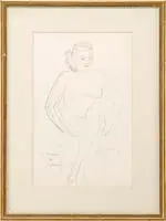 André Dunoyer Segonzac, Seated Nude, Ink drawing shows a seated nude woman with crossed legs