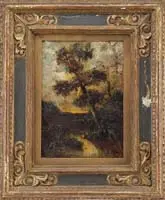 Sunset Landscape by Jules Dupré, Oil on canvas scene shows a tree leaning over a pond with sunset background, sold Aug 2008
