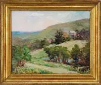 Eugène Alluaud, Summer Valley Landscape, Oil on canvas scene shows a low hill valley with houses, pond, pastures and trees