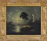 Unsigned, Two Landscapes, 1) Oil on canvas scene shows a man beside water with house, trees, mountains and castle