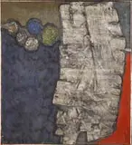René Acht, Abstract in Blue, White and Red, Large oil on canvas shows abstract shapes in different colors