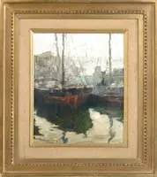 Oscar Antonio Vaz, Barracas Al Sur, Oil on board harbor scene shows two fishing boats next to a dock in a harbor setting