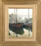 Oscar Antonio Vaz, Barracas Al Sur, Oil on board harbor scene shows two fishing boats next to a dock in a harbor setting