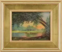 Nelson Augustus Moore, Sunset at Lake George, Oil on canvas scene shows a section of a lake with grass and tree shoreline under a setting sun with colorful sky