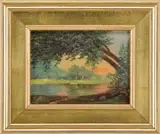 Nelson Augustus Moore, Sunset at Lake George, Oil on canvas scene shows a section of a lake with grass and tree shoreline under a setting sun with colorful sky