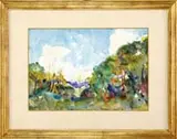 Charles Webster Hawthorne, Edge of the Woods, Fine watercolor impressionistic scene shows green trees under a blue sky