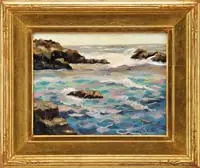 Tidal Pool by Franz Bischoff, Oil on canvas coastal scene shows a colorful tidal pool with gap in rocks and incoming wave, sold Aug 2008