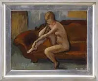 The Seated Nude by Henry Varnum Poor, Oil on masonite interior scene shows a nude woman seated on a Victorian sofa, sold Aug 2008