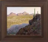 Charles Vezin, Arizona Landscape, Large oil on canvas western landscape scene shows a valley with Sequoia cactus, rock ledges and mountains