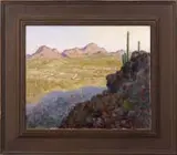 Charles Vezin, Arizona Landscape, Large oil on canvas western landscape scene shows a valley with Sequoia cactus, rock ledges and mountains