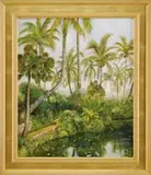 Charles H. Ebert, Tropical Park, Oil on canvas scene shows a walkway along water with lush vegetation and flowers shaded by tall palm trees