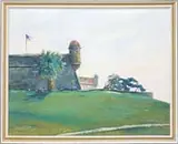 Emmett John Fritz, Castillo San Marcos St, AUGUSTINE, FLORIDA”. Oil on board scene shows the corner of a large fort flying the American flag on grassy bluff