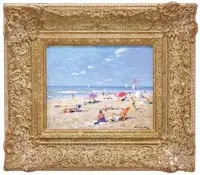 Niek van de Plas, A Relaxing Summer Day, Oil on panel beach scene shows several beach goers with colorful umbrellas all under a blue sky