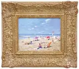 Niek van de Plas, A Relaxing Summer Day, Oil on panel beach scene shows several beach goers with colorful umbrellas all under a blue sky