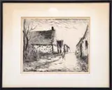 Maurice de Vlaminck, Boissy-Les-Perches, Drypoint etching shows a figure walking along a street with buildings. Monogrammed and initialed in plate