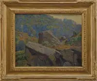 Rocky Hillside by George Loftus Noyes, Oil on board scene shows rock strewn hillside with treed valley beyond, sold Aug 2008