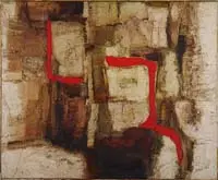 Charles Green Shaw, Abstract, Mixed oil on board shows a naturalistic colored background with red shapes