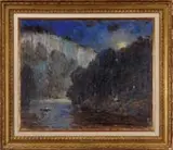 Joseph Henry Boston, Campers Near Lake, Oil on canvas scene shows two figures near a campfire and a figure in a boat. With high cliffs and rising full moon