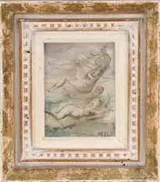 Nude Study by Reginald Marsh, Watercolor scene shows two nude women in different poses with blue and green highlights, sold Aug 2008