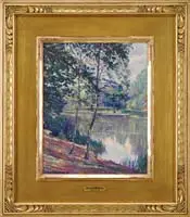 William Malherbe, Forest of Fontainebleau, Oil on wood panel landscape scene shows a pond ringed by trees, grass and dirt banks