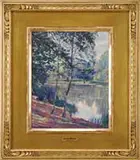 William Malherbe, Forest of Fontainebleau, Oil on wood panel landscape scene shows a pond ringed by trees, grass and dirt banks