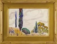 Allen Tucker, Impressionistic Landscape, Watercolor scene shows several trees against a white and pink sky. Pencil signed lower right