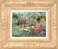 Martin Jackson, Reading in the Park, Oil on canvas scene shows an African-American woman seated on rocks in a park-like setting amongst trees and flowers