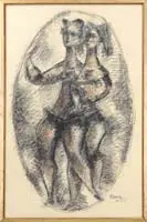 Chaim Gross, Nude Study, Black and colored crayon oval scene shows two standing female nudes having colored highlights