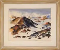 Vincent A. Hartgen, Rocks of the Maine Coast, Impressionistic watercolor shows coastal rocks with a blue ocean and a blue sky